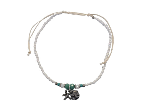 A196 Anklet cotton cord , gemstone, multifaceted crystal, beads Shell/starfish charm