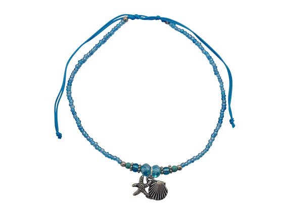 A196 Anklet cotton cord , gemstone, multifaceted crystal, beads Shell/starfish charm