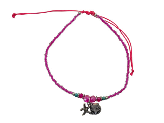 A196 Anklet cotton cord , gemstone, multifaceted crystal, beads Shell/starfish charm