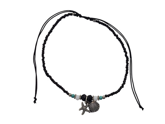 A196 Anklet cotton cord , gemstone, multifaceted crystal, beads Shell/starfish charm