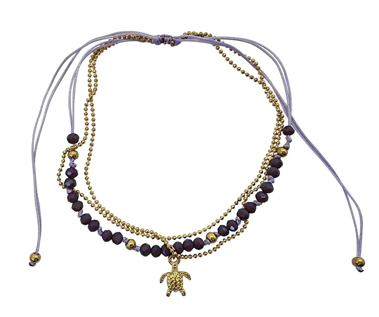 A219 Anklet  double cords,beads  gold colourded metal chain and charms