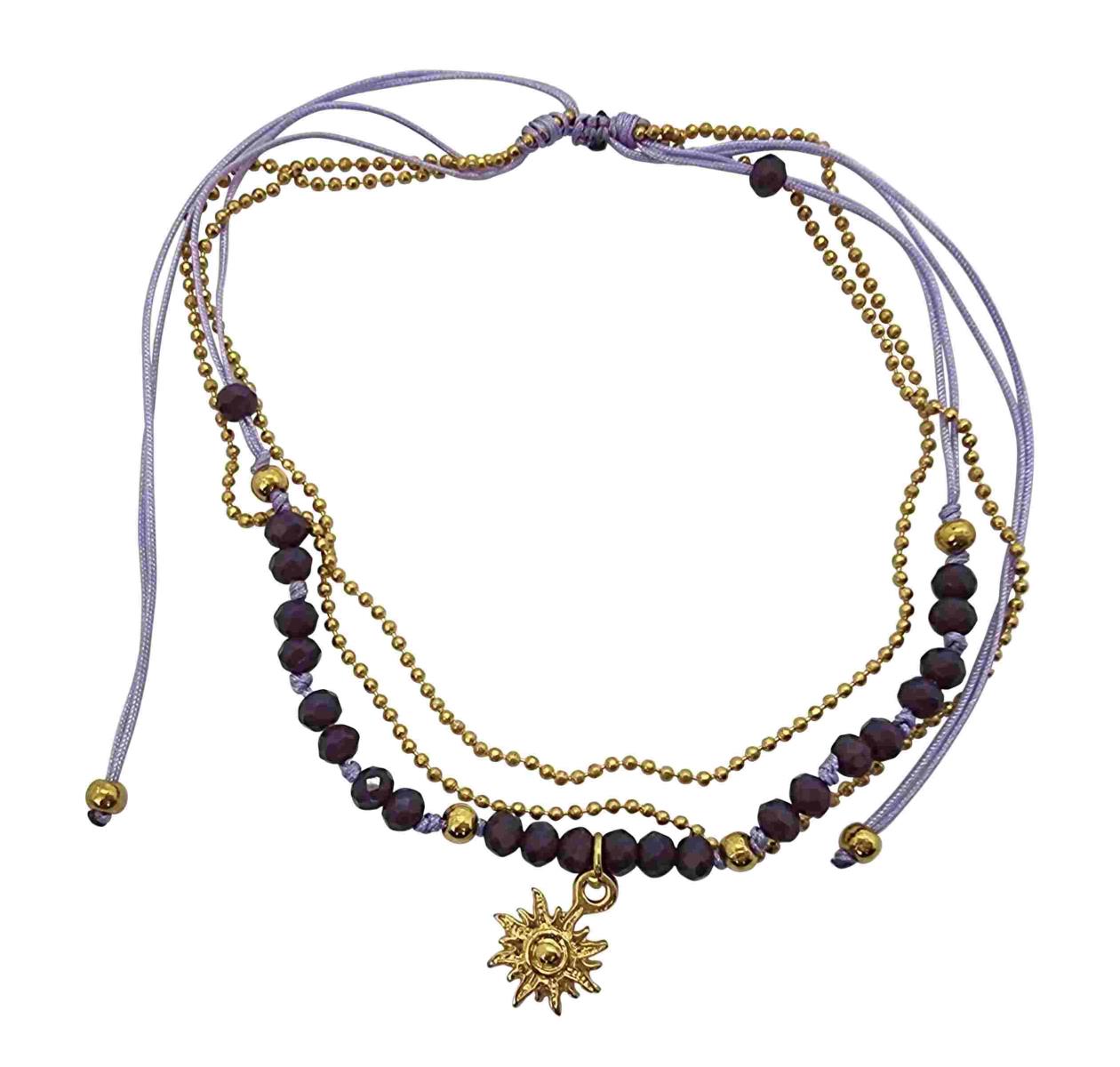 A219 Anklet double cords,beads gold colourded metal chain and charms