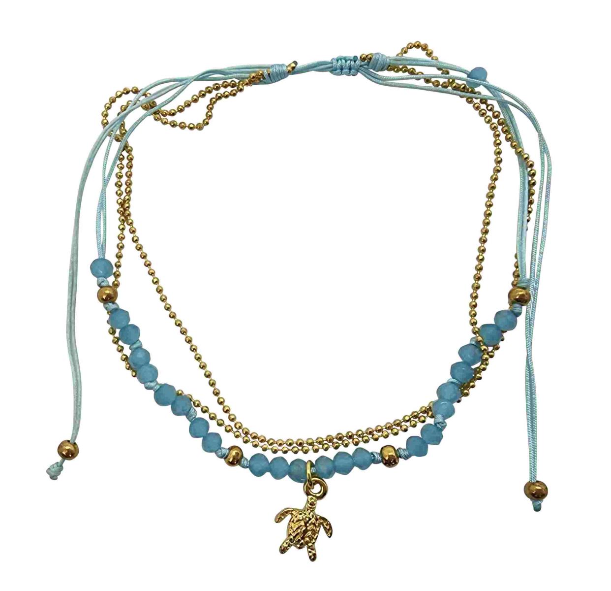 A219 Anklet double cords,beads gold colourded metal chain and charms