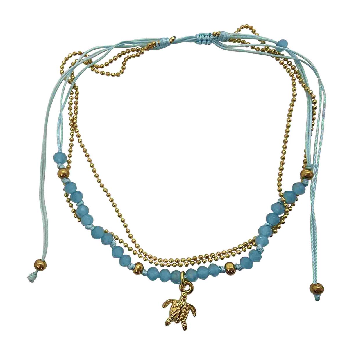 A219 Anklet  double cords,beads  gold colourded metal chain and charms