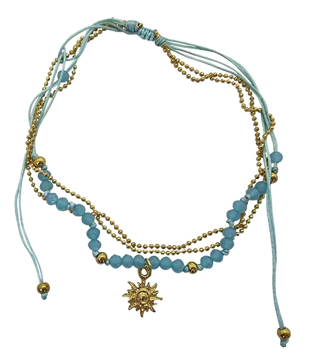 A219 Anklet double cords,beads gold colourded metal chain and charms