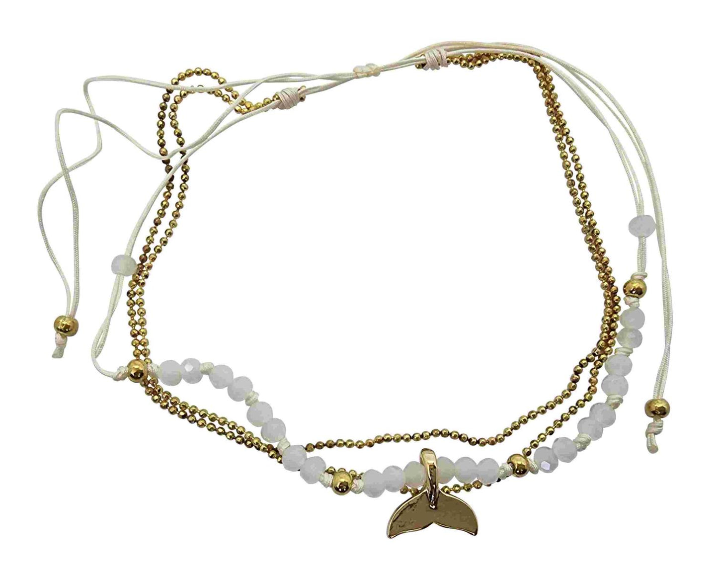 A219 Anklet  double cords,beads  gold colourded metal chain and charms