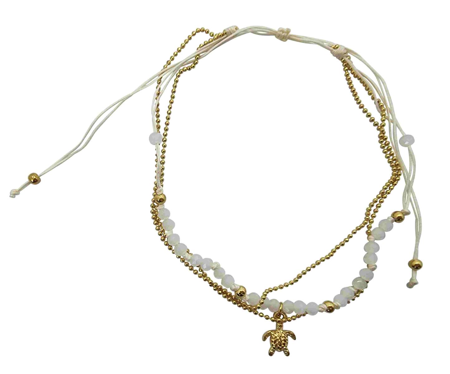 A219 Anklet  double cords,beads  gold colourded metal chain and charms