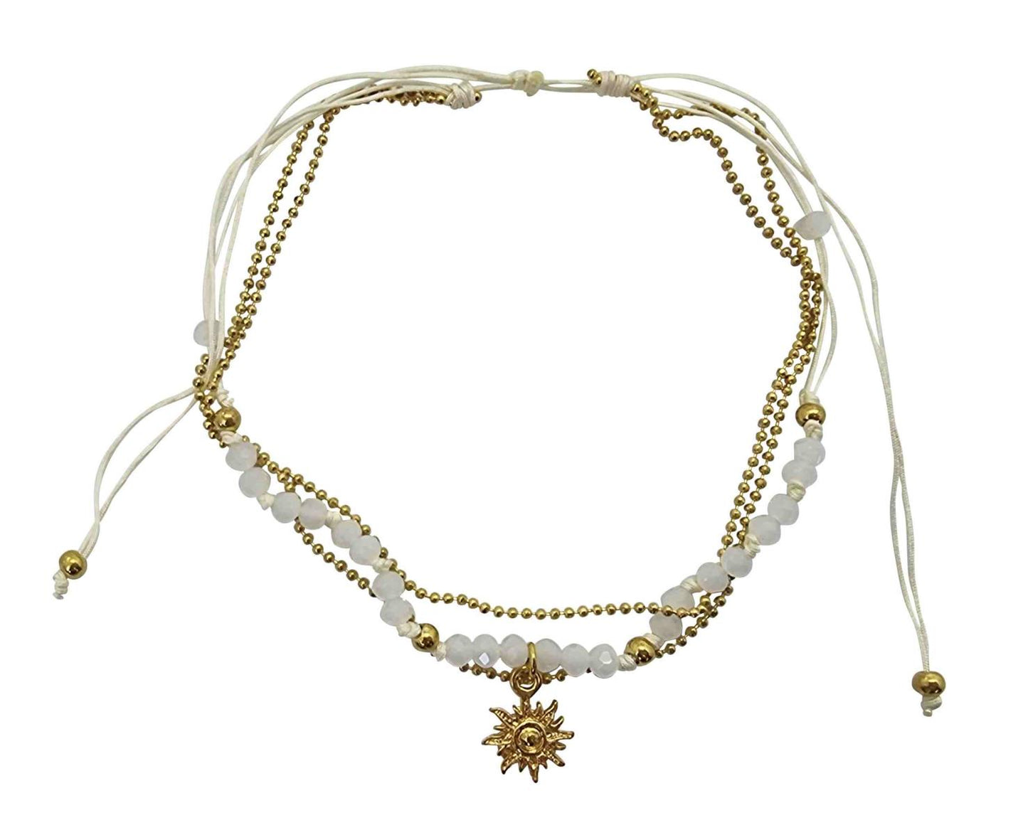 A219 Anklet  double cords,beads  gold colourded metal chain and charms