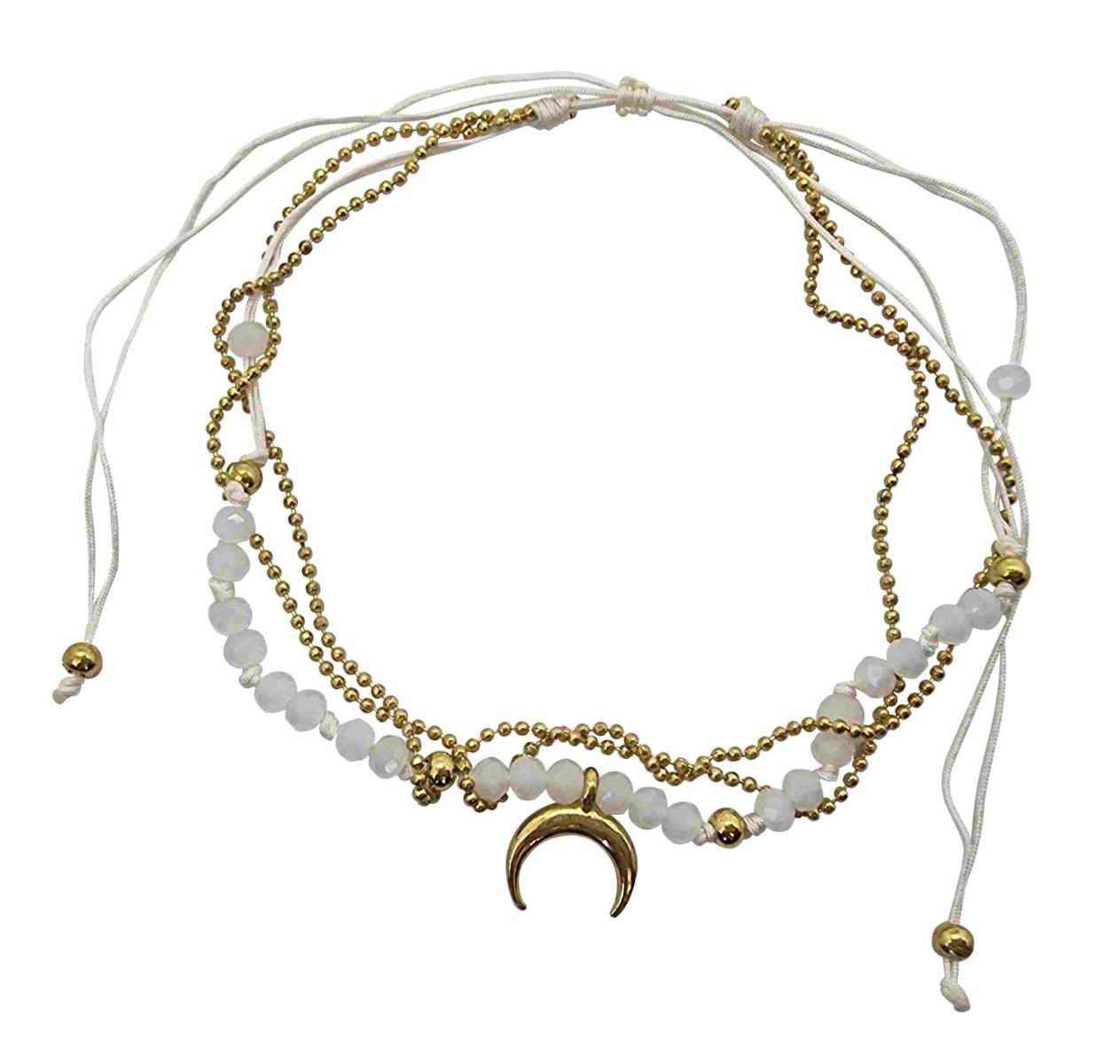 A219 Anklet  double cords,beads  gold colourded metal chain and charms