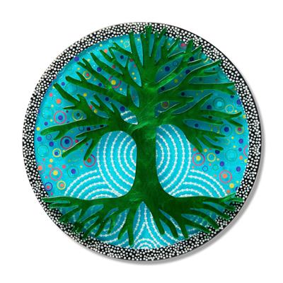 Circular artwork with a stylized tree design on a blue background