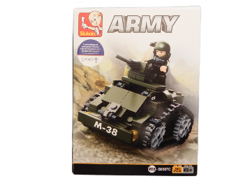 Toy tank set against a desert landscape with 'Army' branding on packaging