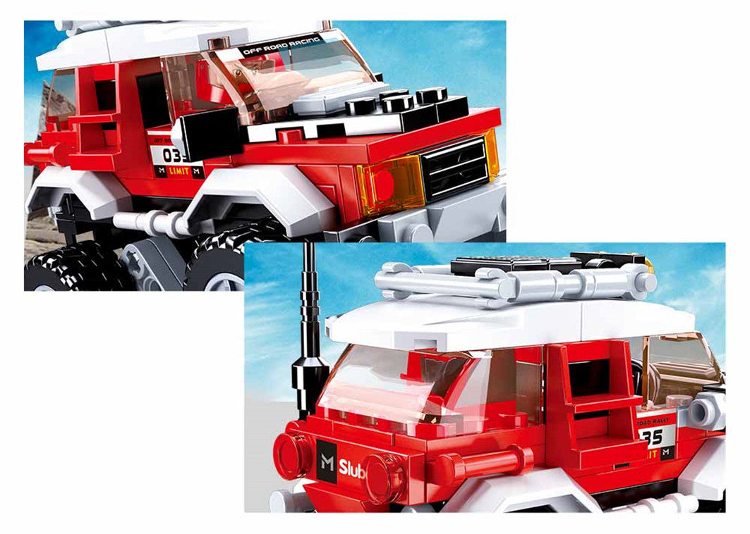 Two views of a red and white toy vehicle with a clear sky background