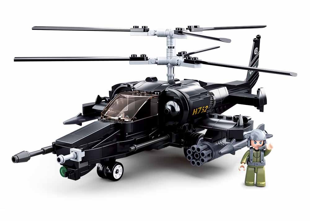 Toy helicopter model with detailed features on a white background