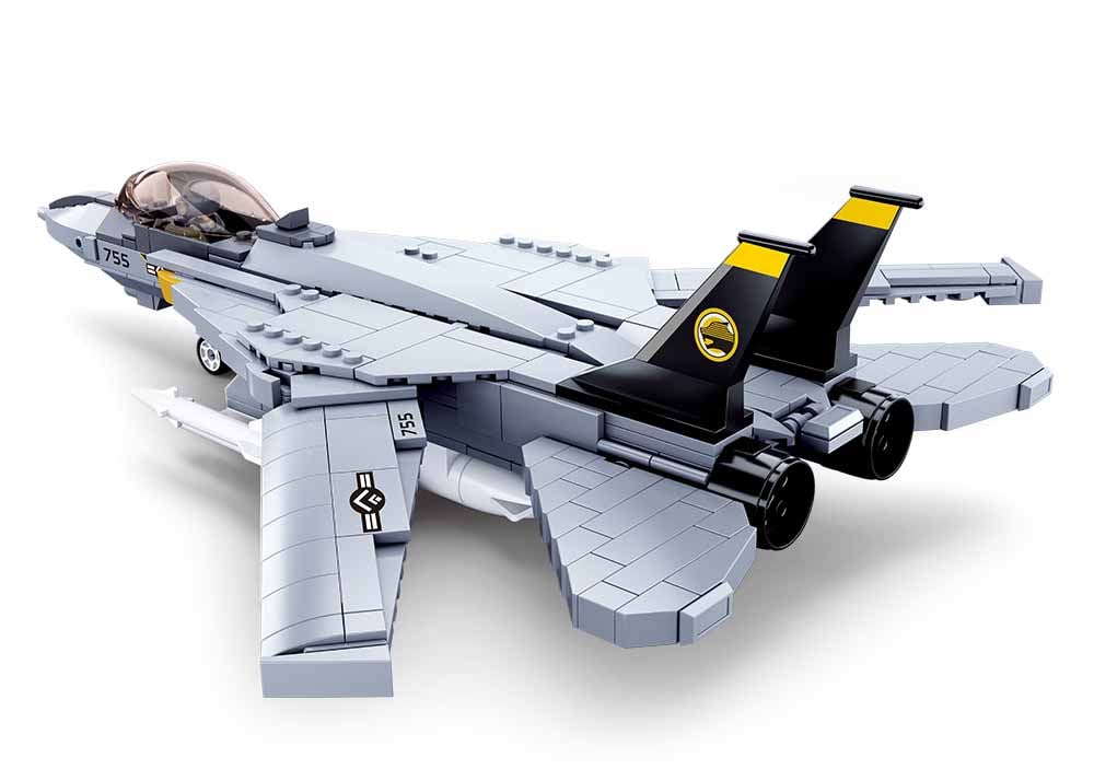 Toy jet model made of interlocking bricks on a white background