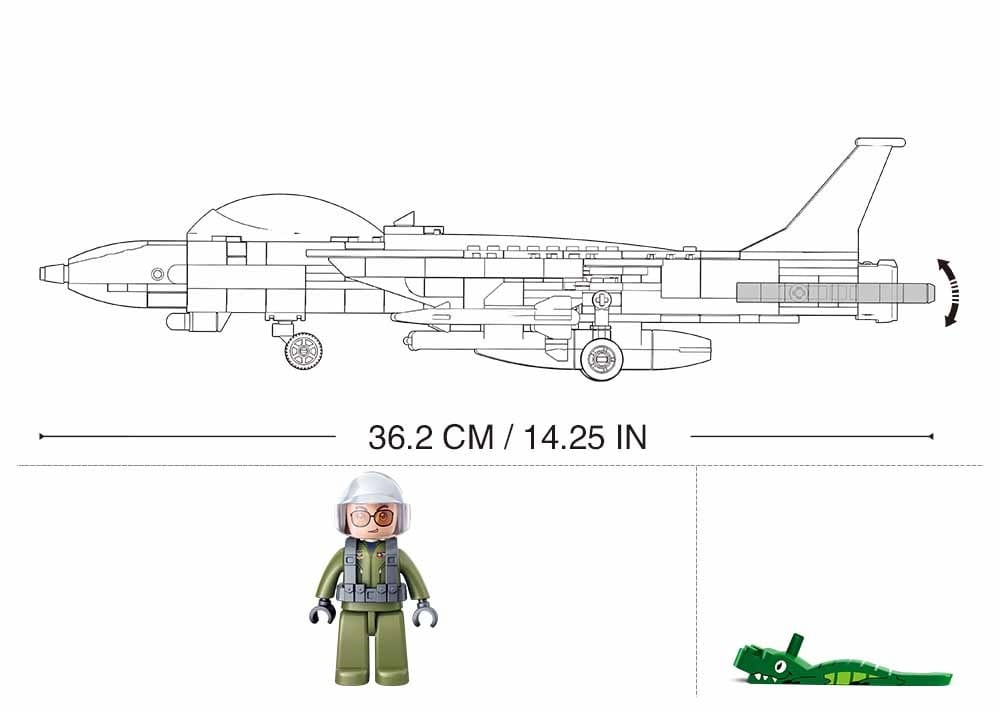 Diagram of a toy airplane and figure with dimensions on a white background