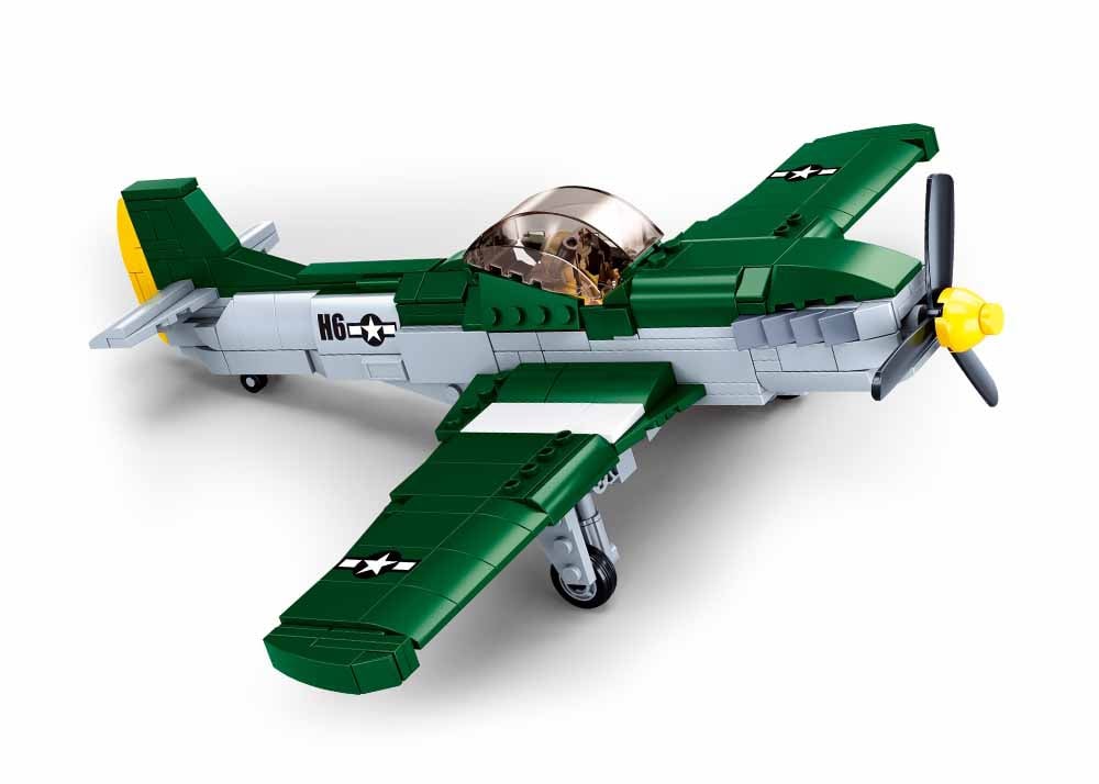 Model airplane made of interlocking bricks on a white background