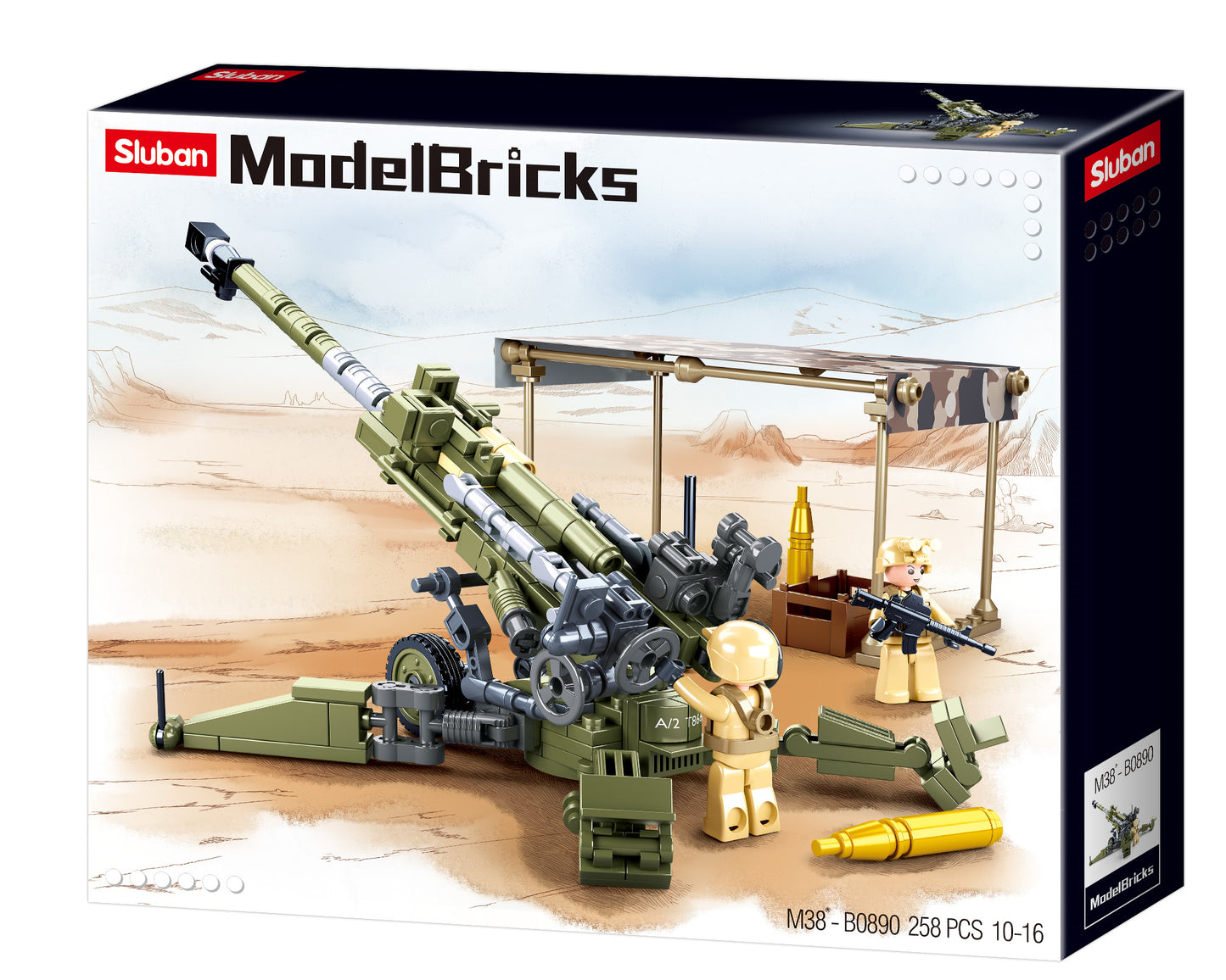ModelBricks packaging with a toy gun and figures on a desert landscape