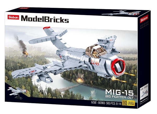 ModelBricks MIG-15 fighter jet toy set packaging with an airplane illustration on a white background.