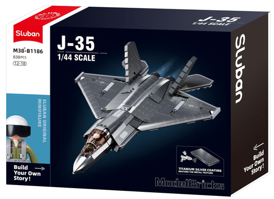 Sluban J-35 model kit packaging with fighter jet illustration