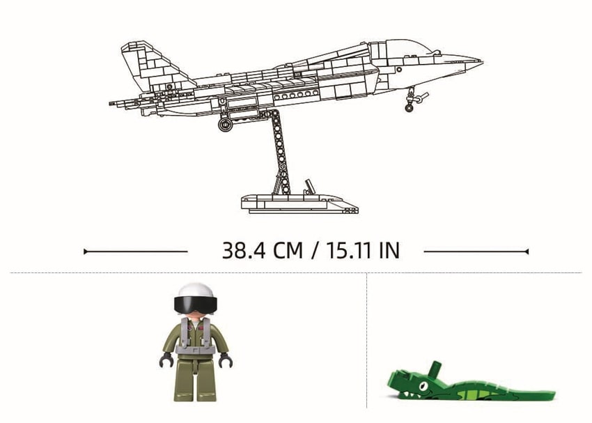 Toy airplane, figure, and frog with measurements on a white background