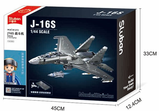 Sluban J-16S model airplane kit packaging with dimensions displayed