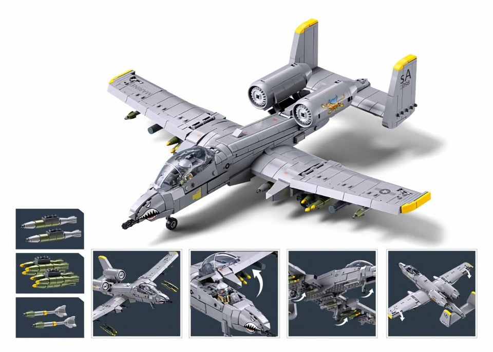 Toy airplane model kit with detailed views on a white background
