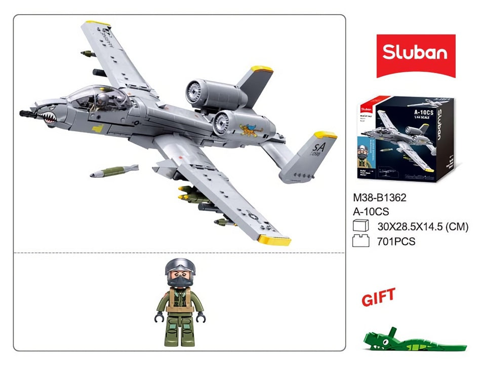 Sluban M38-B1362 A-10CS toy airplane set with pilot figure and gift on a white background