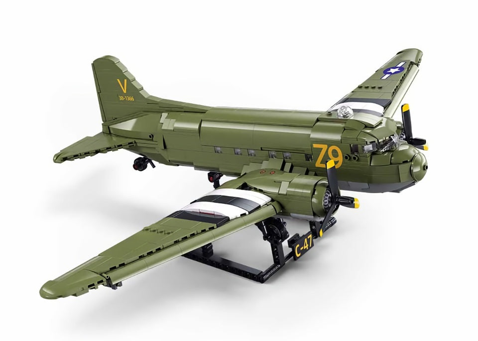 Toy model of a military airplane on a white background