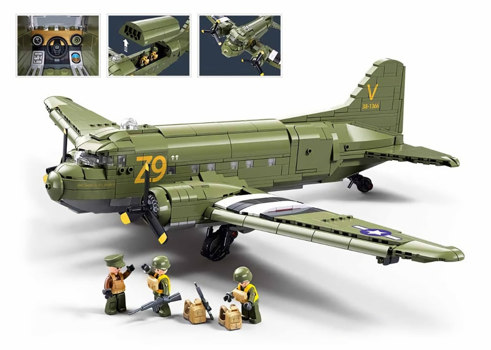 Toy airplane model with detailed features and figures on a white background