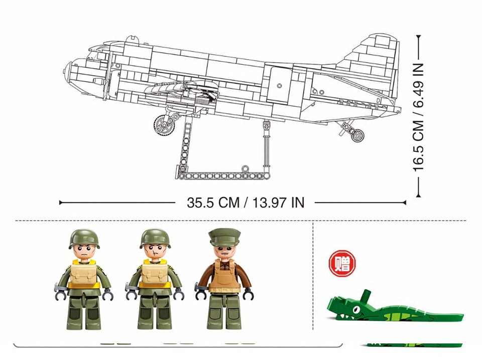 Toy airplane, soldiers, and a small vehicle with measurements on a white background