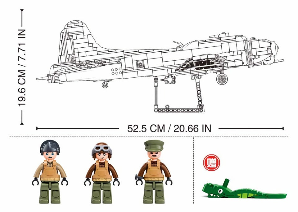 Model airplane and figures with measurements on a white background