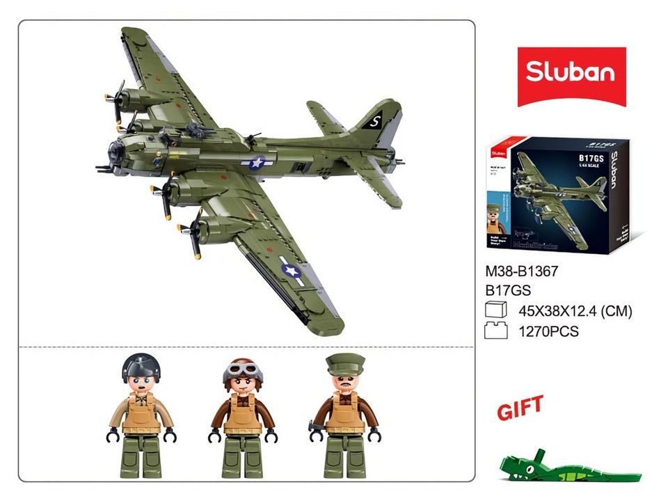 Sluban B17G airplane model kit with three figures and packaging on a white background