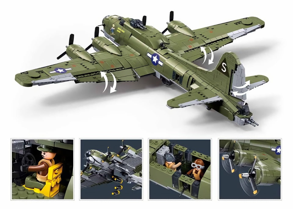 Toy model of a military airplane with detailed components on a white background