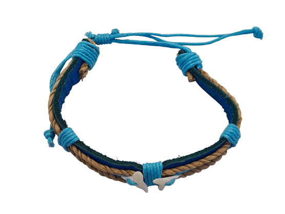 B186 Double Shark Tooth Braclet thick leather cord with rope trim