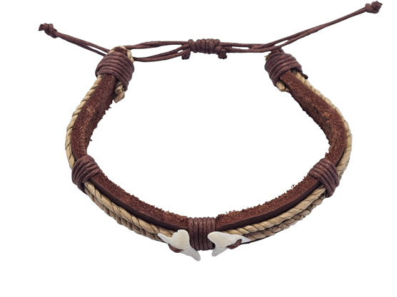B186 Double Shark Tooth Braclet thick leather cord with rope trim