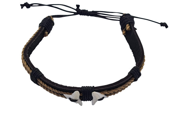 B186 Double Shark Tooth Braclet thick leather cord with rope trim