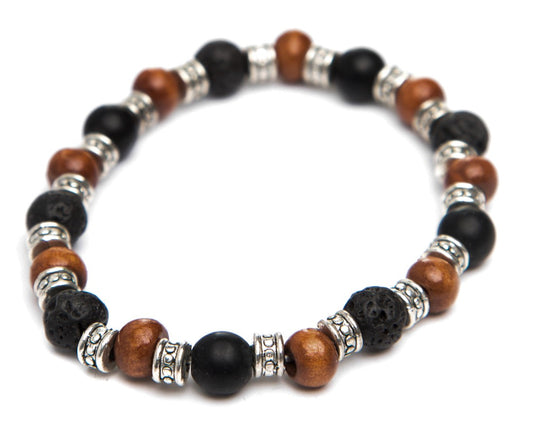 B41   mens Bracelet with  wooden  metal and lava stone Beads