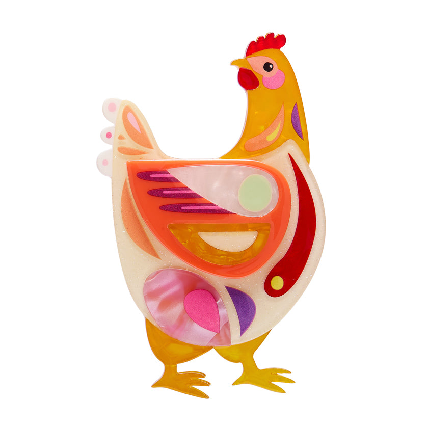 Bessie the Chicken Erstwilder Brooch a Colorful cartoon-style chicken on a white background