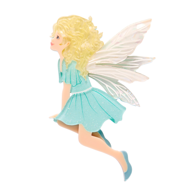 Fairy brooch with blonde hair and white wings on a white background