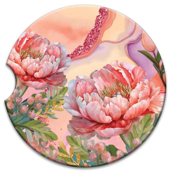 Lisa Pollock Ceramic Car Coaster Coral Peony