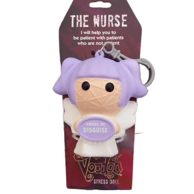 Stress doll with purple hair and white outfit on a Voodoo Stress Doll packaging