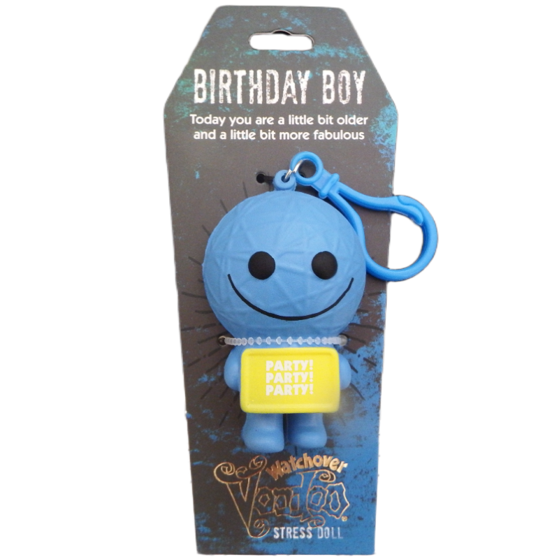 Blue stress doll with a yellow label on a branded packaging