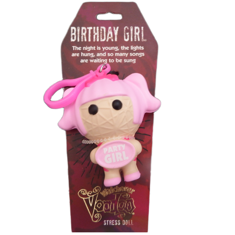 Stress doll with pink hair and 'Party Girl' shirt in packaging with text and branding.