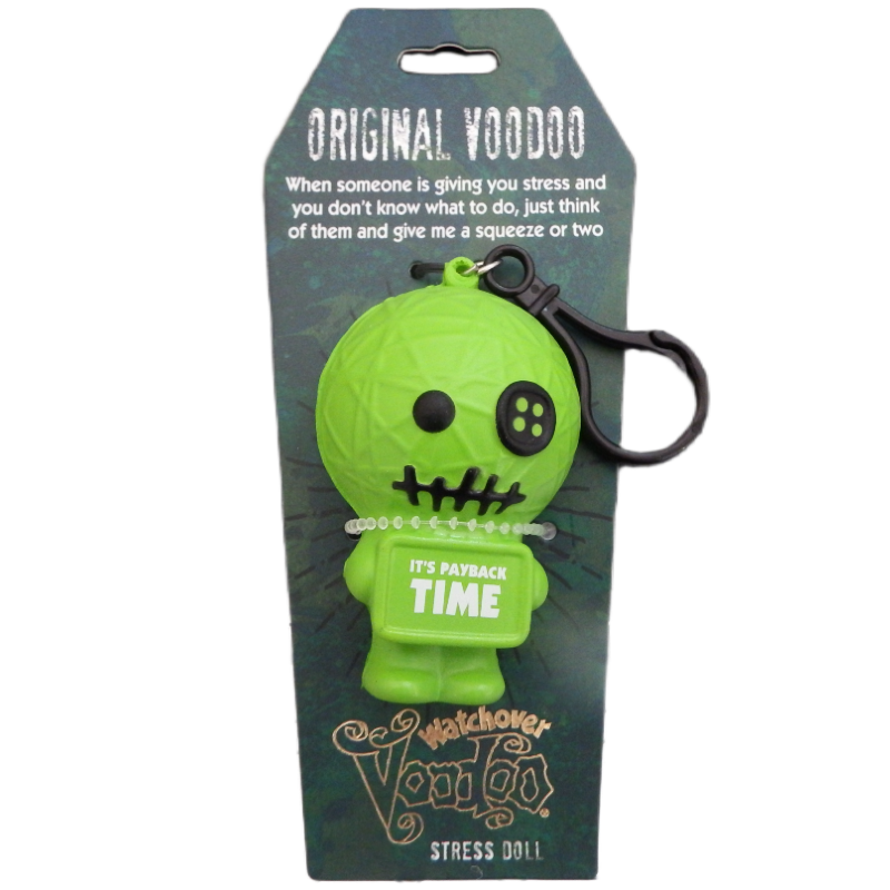 Green stress doll with packaging featuring text and branding