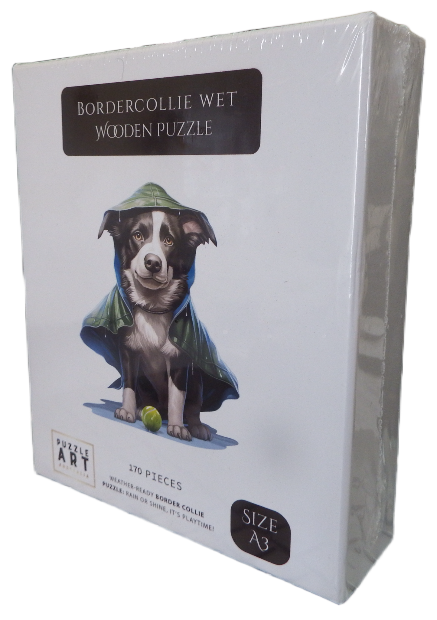 Wooden puzzle packaging with a border collie in a green raincoat illustration on a white background