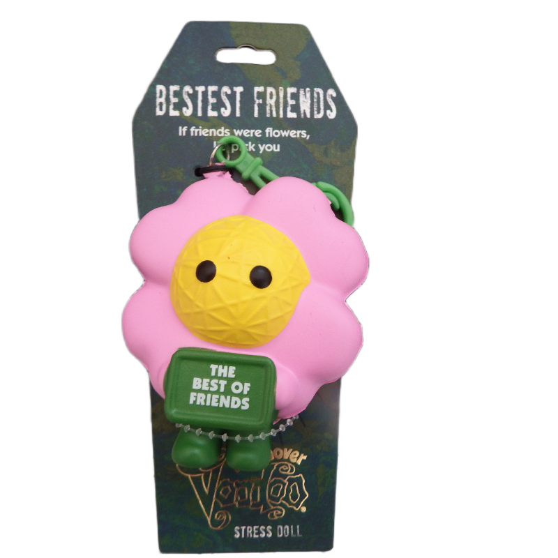 Flower-shaped stress ball with 'Bestest Friends' packaging on a white background
