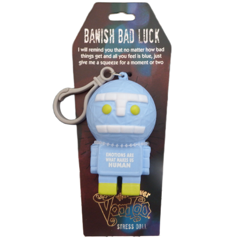 Blue robot stress doll keychain with packaging on a white background