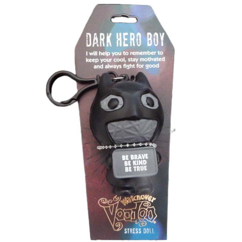 Stress doll in packaging with 'Dark Hero Boy' text and branding.