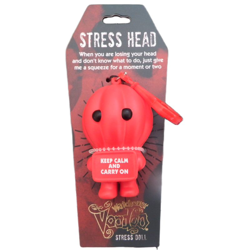 Red stress doll with packaging labeled 'Stress Head' on a white background