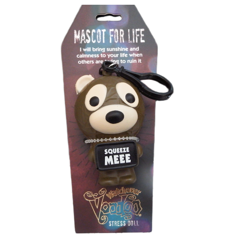 Stress doll with 'Squeeze Mee' label on packaging, featuring text 'Mascot for Life'.